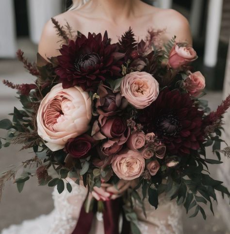 Dark And Moody Bridal Bouquet, Moody Autumn Wedding Flowers, Dark Wedding Flowers Jewel Tones, Black Vases For Centerpieces Wedding, Black And Red Boho Wedding, Dark Color Wedding Bouquet, Moody Romantic Wedding Centerpieces, Dark Bouquet Aesthetic, Dark Romantic Wedding Bouquet