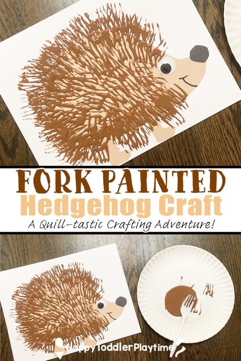 Hedgehog Crafts Preschool, Autumn Hedgehog Craft, Hedgehog Fine Motor Activities, Paper Plate Hedgehog Craft, Hedgehog Fork Painting, Hedge Hog Crafts, Eyfs Hedgehog Activities, Hibernation Animals Crafts, Paper Plate Hedgehog