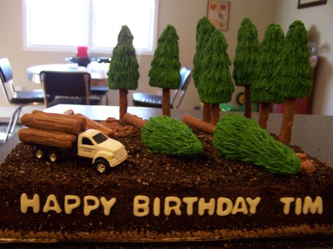 Logging Cake Logging Birthday Party, Construction Birthday Cake, Truck Birthday Cakes, Rustic Birthday, Family Cake, Dad Birthday Cakes, 50th Cake, Log Cake, Dinosaur Birthday Cakes