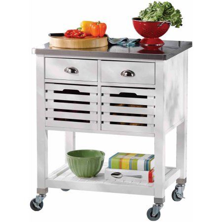 Linon Robbin Wood Kitchen Cart with Stainless Steel Top, 36 inches Tall Stainless Steel Kitchen Cart, White Kitchen Cart, Wood Cart, Kitchen Trolley, Portable Kitchen, Kitchen Island Cart, Wood Kitchen, Stainless Steel Kitchen, Kitchen Cart