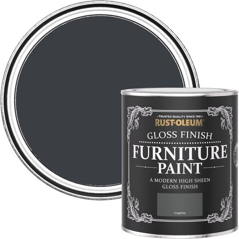 Rust-Oleum Dark Grey Furniture Paint in Gloss Finish - Graphite 750ml. About this item: Upcycle your old pieces with Rust-Oleum Gloss Furniture Paint and add a beautiful, reflective sheen to your furniture. Available in a range of 100+ stunning colours This high pigment, water based formula is easy to use with no primer or sanding needed on most surfaces Add a contemporary shine to a variety of materials including wood, melamine or any suitably primed rigid surface such as metal or plastic Quick dry and easy to apply by brush or roller, create one of a kind original designs by applying two coats in contrasting colours then sanding and scouring when dry Rust-Oleum Gloss Furniture Paint is certified Toy Safe, made in the UK and comes in eco friendly packaging, available in a 750ml tin Skirting Board Paint, Gray Painted Furniture, Smart Shades, Raspberry Ripple, Grape Soda, Green Furniture, Grey Furniture, Rust Oleum, Painting Accessories