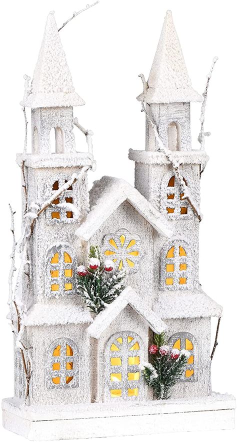 NEWANOVI 49 cm LED Illuminated Wooden Decoration Snow Church with 10 Lights, Artificial Christmas Decoration, Christmas Window Decoration Stand, Winter House Wooden House, Handmade (White) : Amazon.de: Home & Kitchen Decoration Stand, Paper House Template, Christmas Window Decoration, Lantern Christmas, House Template, Pottery Houses, Wooden Decoration, Christmas Mantel Decorations, Christmas Interiors