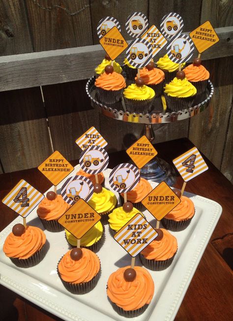 I like this one!!  Construction Party Circles, cupcake toppers, construction vehicles, dump truck, excavator, digital, printable INSTANT DOWNLOAD on Etsy, $5.00 Construction Snacks, Bulldozer Cake, Construction Cupcake Toppers, Construction Birthday Party Ideas, Construction Cupcakes, Truck Cupcakes, Dump Truck Party, Construction Cake, Construction Theme Party