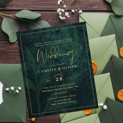 $2.04 | Budget Wedding Invitation Emerald Green Gold - leahg, faux gold foil accents, qr scanning code, emerald juniper forest green, budget wedding invitations, emerald green, tropical forest woodland leaves, autumn fall winter wedding invites, botanical garden greenery leaves, green gold script calligraphy Green Gold Weddings, Popular Wedding Invitations, Emerald Forest, Green Themed Wedding, Emerald Green Weddings, Budget Wedding Invitations, Gold Wedding Theme, Themed Wedding Invitations, Winter Wedding Invitations