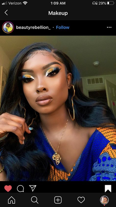 Makeup Blue And Gold Makeup Looks, Gold Makeup Looks Black Women, Blue And Gold Makeup, Makeup Looks Black Women, Gold Eyeshadow Looks, Blue Eyeshadow Makeup, Gold Makeup Looks, Blue Makeup Looks, Silver Makeup