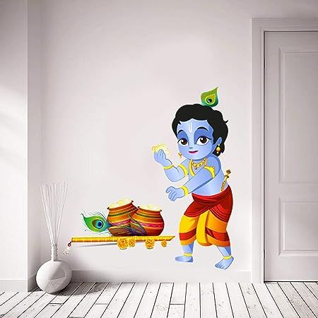 Krishna Wall Painting, Large Wall Stickers, Wall Art Diy Paint, Krishna Drawing, Diy Wall Painting, Little Krishna, Wall Painting Decor, Krishna Painting, Indian Art Paintings