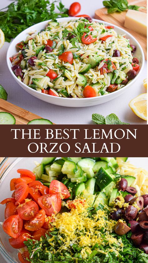 Large bowl of summer and spring side dish lemon orzo pasta salad with cucumbers, tomatoes, olives, lemon and parmesan cheese Easy Orzo Salad, Orzo Salad With Feta, Easy Orzo, Orzo Salat, Lemon Orzo Salad, Orzo Salad Recipes, Mediterranean Flavors, Lemon Salad, Lemon Orzo