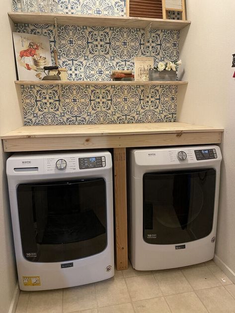 Remember when I did a makeover on my laundry nook? You can find all the details on my blog. Well I told you at that time that I planned to build a countertop over the washer and dryer to make a nice folding surface and some place to hold the detergent within reach.An added bonus is that it keeps things from falling between and behind the machines which was a constant problem.For a few reasons I never got around to building the counter and then a couple weeks ago my dryer died and my wa… Folding Counter Over Washer And Dryer, Front Loading Washer And Dryer With Counter, Washer And Dryer Behind Curtain, Washing Machine Wooden Cover, Tabletop Over Washer And Dryer, Over Washer Storage, Washing Machine Table Top, Outdoor Washer Dryer Enclosure, Waterfall Washer Dryer Countertop