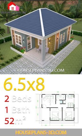 House Design Plans 6.5x8 With 2 Bedrooms Hip Roof - House Plans 3d Hip Roof House Plans, House Plans 3d, Gable Roof House, Small House Design Philippines, Small House Blueprints, House Design Plans, Little House Plans, Small House Layout, Roof House