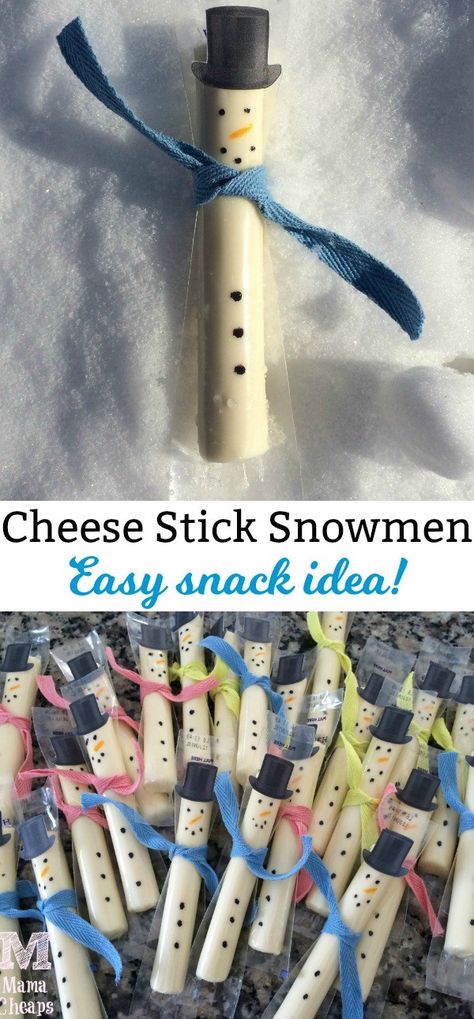 Cheese Stick Snowmen Snacks - perfect for preschool snack or class parties!!  https://www.mamacheaps.com/2015/03/snowman-string-cheese-sticks.html Snackbox Ideas, Snacks For Kids School, Kindergarten Snacks, Preschool Snack, Winter Snacks, Soccer Snacks, Class Snacks, Classroom Snacks, Autumn School