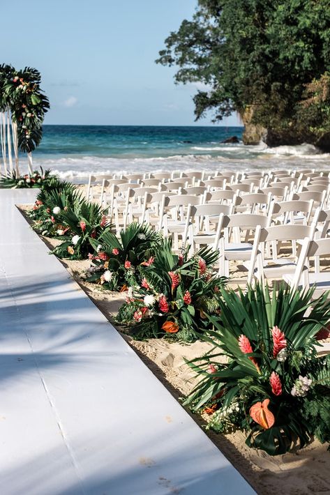 Jamaica Wedding Venues, Wedding In Jamaica, Palm Fan, Tropical Destination Wedding, Lush Wedding, Wedding On The Beach, Jamaica Wedding, Aisle Flowers, Wedding Beach Ceremony