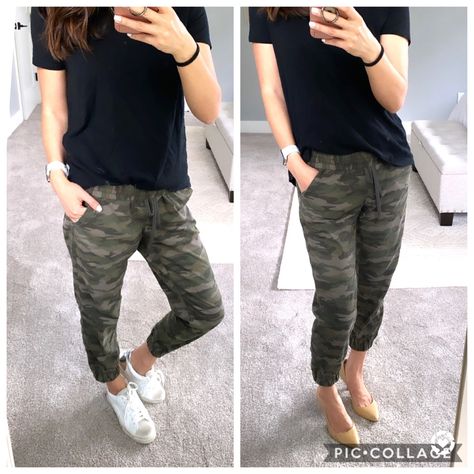 How To Style Khaki Joggers Women, What To Wear With Camo Joggers, Army Joggers Outfit, How To Style Camo Joggers, Camo Joggers Outfit Women, Camo Joggers Outfit, Camo Cargo Pants Outfit, Joggers Outfit Women, Jogger Pants Outfit