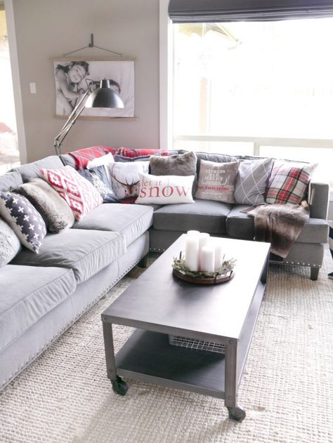 Red Black and White Christmas Living Room Decor Red And White Living Room, Grey Christmas Decor, Gray Sectional Living Room, Condo Decor, Gray Sectional, Living Room Christmas, Christmas Room Decor Diy, Red Christmas Decor, Grey Christmas