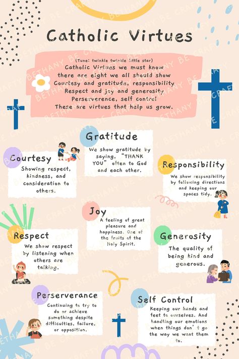 Catholic Virtues poster is an easy way to incorporate learning about important virtues in our home. This is a physical poster that will be shipped to you. This poster includes a song and mini description of each virtue to help children apply to real life living. I found having this up side by side with our alphabet and number poster really helped put front and center living virtuously for my own children. My prayer is it will be the same foundational support for your family! Catholic Classroom Decor, Catholic Prayers For Kids, Virtues For Kids, Catholic Virtues, Catholic Home, Catholic Beliefs, Catholic Education, Catholic Bible, My Prayer