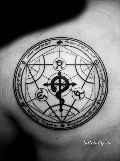 FMA transmutation circle by Su @ Buena Vista Tattoo Club Maori Tattoo Frau, Transmutation Circle, Alchemy Tattoo, Castle Tattoo, Maori Tattoos, Circle Tattoos, Circle Tattoo, Full Metal Alchemist, Military Tattoos