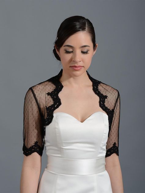 Evening Capes Short Sleeves Black Dot Lace Wedding Jackets Party Capes Bridesmaid Shrug Wraps Custom Made From Bridalworld, $18.85 | Dhgate.Com Lace Bolero Wedding, Wedding Dress Cover Up, Wedding Dress Bolero, Wedding Dress Topper, Bolero Jacket Wedding, Lace Bolero Jacket, Black Lace Wedding, Dress Topper, Wedding Bolero