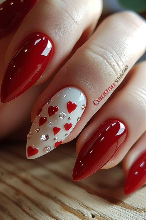 Unusual Valentines Day Nails, Feb Nails Valentines Day Almond, Black Red Valentines Nails, Trendy Valentines Day Nails 2024, Red And White Valentines Day Nails, Red Valentines Nails Acrylic, Glitter Valentines Nails, Red Valentine Nails, Valentines Nails Red