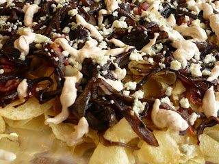 Loaded Kettle Chips with Caramelized Balsamic Onions, Bacon, Blue Cheese & Chipotle Cream  Caramelized Balsamic Onions: 3 1/2 medium/large yellow onions, thinly sliced 2 Tb EVOO (or reserve some bacon grease...YUM) 1/2 c. balsamic vinegar salt & pepper  Chipotle Cream: 1/2 c. sour cream 1 heaping Tb mayo 1 chipotle, minced 1-2 tsp adobo sauce from chipotle can 1-2 tsp granulated garlic  3/4-1 c. blue cheese crumbles 2-19 oz bags kettle chips 1 lb bacon, chopped and crisply cooked Granulated Garlic, Balsamic Onions, Fried Chips, Homemade Chips, Kettle Chips, Jelly Roll Pan, Adobo Sauce, Bacon Grease, Adobo