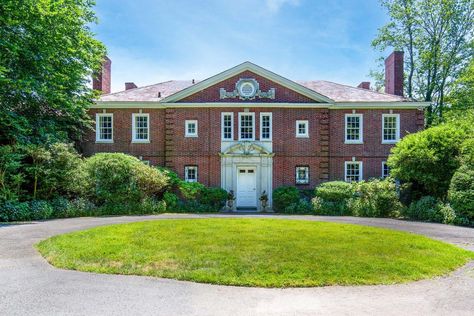 In the 1954 movie Sabrina, the Larrabee family’s cinematic home was a gracious red brick house built in Rye, New York in 1917. Now that very house is for sale, newly on the market for $11 million. Brick Herringbone Floor, New York Mansion, Brick Courtyard, Rye New York, William Holden, Georgian Mansion, Pool Cabana, Red Brick House, Guest Cottage