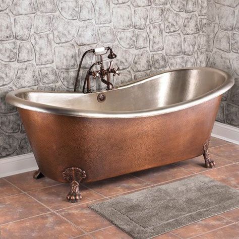 copper bathtubs | 72" Isabella Copper Double-Slipper Clawfoot Tub - Nickel Interior | Hammered Copper, Bathtubs ... Slipper Bathtub, Copper Tub, Copper Bathtubs, House Bathrooms, Dream Bath, Rustic Bathrooms, Best Bath, Clawfoot Tub, Dream Bathroom