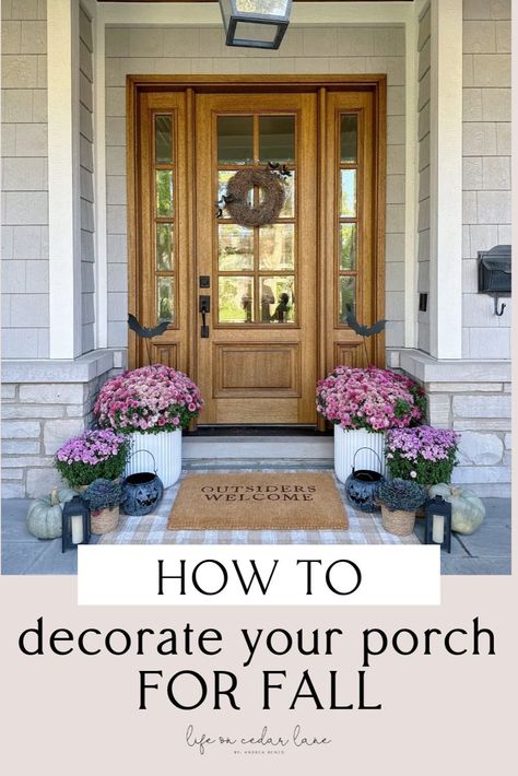 Enhance your curb appeal with these top-notch fall front porch decorating tips. Explore creative ideas for Fall Front Porch arrangements and charming Fall Decorations Porch to make your home inviting. Life On Cedar Lane, Fall Front Porch Decor Ideas, Fall Entryway, Large Lanterns, Fall Front Porch Decor, Popular Decor, Modern Fall, Beautiful Outdoor Spaces, Fall Front Porch