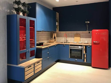 Navy And Red Kitchen, Blue And Red Kitchen, Red Tile Kitchen, Red Refrigerator, Ghoulia Yelps, Navy Kitchen, Red Kitchen Decor, Blue Kitchen Cabinets, Red Tiles