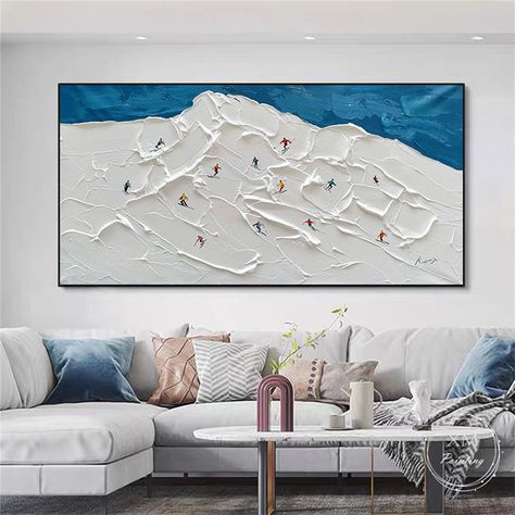 Plaster Ski Art, Horizontal Abstract Art, Snow Texture Paint, Horizontal Paintings On Canvas, Horizontal Painting Ideas, Big Art Pieces Living Room, Thick Paint On Canvas, Navy Painting, Horizontal Canvas Art