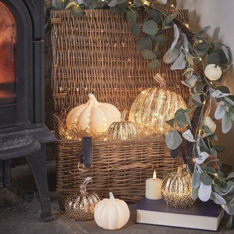 Pumpkin lights are the perfect alternative to carving your own! Our range of pumpkin lights make for cosy Autumn decorations as we move to the colder months. Pair with LED candles and microlights for a seasonal centrepiece in your home! Light Up Pumpkin Decor, Scandi Autumn Decor, Rattan Pumpkins, White Ceramic Pumpkins, Gold Pumpkin, Light Up Pumpkins, Ceramic Lantern, Ceramic Pumpkin, Autumn Home Decor