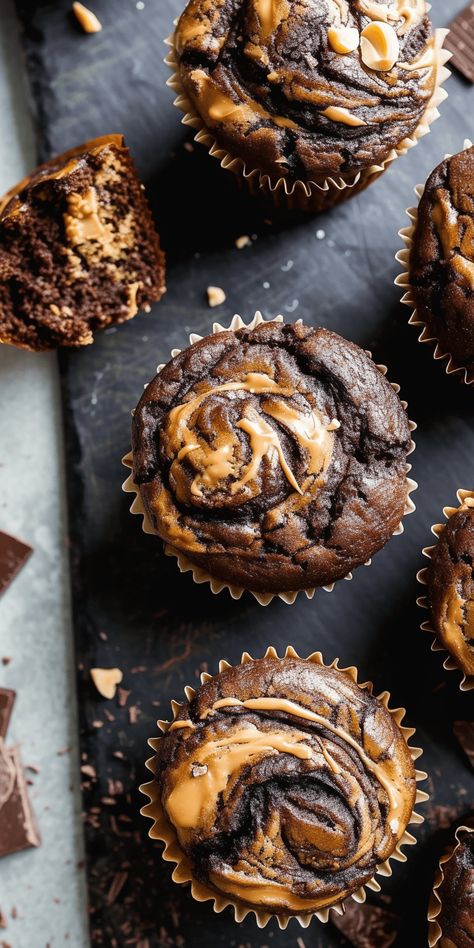 Chocolate Peanut Butter Swirl Muffins [35 Minutes] - Chasety Moist Chocolate Muffins, Swirl Muffins, Peanut Butter Muffins, Chocolate And Peanut Butter, Peanut Butter Lovers, Fudgy Brownies, Chocolate Muffins, Decadent Chocolate, Chocolate Peanuts