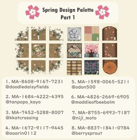 ACNH CUSTOM DESIGNS 🤍 on Instagram: "🌸Credits & Palette Info:🌸 Part 1/??? of spring designs to get you ready for cherry blossom season, starting April 1st. I'll be showcasing designs of different sizes and types, follow to discover some hidden gems! Tag me if you use any, we'd love to see how you incorporate it in your island. Credits: 1. @doodledaisyfields 2. @/tanpopo_kayo on Twitter. 3. @kkatcrossing 4. @/aaarin0112 on Twitter. 5. @/odon500 on Twitter. 6. @/maddieofbeebalm on Twitter. 7 Acnh Blossom Path, Acnh Spring Design Codes, Acnh Spring Path Designs, Spring Acnh Codes, Spring Acnh, Acnh Spring Path, Japanese Acnh Code, Acnh Cherry Blossom Code, Acnh Cherry Blossom Path Designs