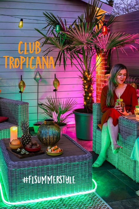 Welcome to Part 1 of #FLsummerstyle! In this first instalment of the summer styling series we show you just how to get those 'Club Tropicana' vibes in your own outdoor space. Although we may be biased, we believe that when it comes to outdoor styling, it's ALL about the lighting. Club Tropicana Party Theme, Club Tropicana Party, Tropicana Party, Outdoor Neon Sign, Summer Night Party, Outdoor Styling, Club Tropicana, St Monica, How To Garden