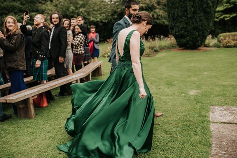 Green silk wedding dress for an outdoors Scottish Wedding. Forest Green Gown Wedding, Green Silk Wedding Dress, Green Wedding Dress For Bride, Forest Green Wedding Dress, Emerald Wedding Dress, Scottish Wedding Dress, Emerald Wedding Dresses, Emerald Green Wedding Dress, Scottish Wedding Dresses