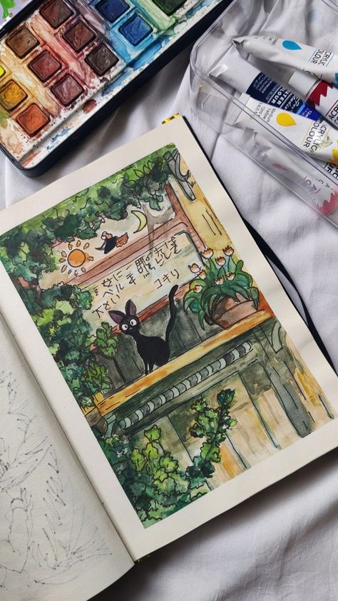 Coloring Aesthetic, Watercolor Art Journal, Character Artist, Kiki's Delivery Service, Gouache Art, Studio Ghibli Art, 수채화 그림, Ghibli Art, Aesthetic Ideas