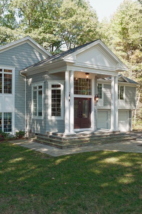 Boston Transitional Kitchen Addition Foyer High Ceilings — Divine Design Center Split Foyer Remodel Exterior, Mudroom Addition Exterior, Split Entry Remodel Exterior, Entryway Addition, Split Foyer Entry, Foyer Remodel, Split Foyer Remodel, Entry Remodel, Split Entry Remodel