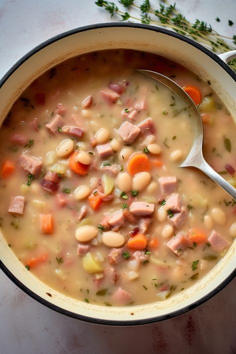 Classic Ham And Bean Soup, Ham And Cannellini Bean Soup, Ham Bean Soup Stove Top, Healthy Ham And Bean Soup, Creamy Ham And Bean Soup Recipes, Bean And Noodle Soup, Randall Beans And Ham, Ham And White Bean Soup Recipes, Ham And Bean Soup Canned Beans