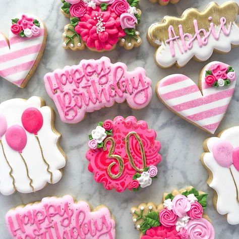 Happy 30th Birthday Abbie!! #cookies #decoratedcookies #sugarcookies #edibleart #sugarcookiesofinstagram #birthdaycookies #pink… Orange Birthday Cake, Happy Birthday Disney, 30th Birthday Themes, Cake For Boyfriend, Happy Birthday Cookie, Orange Birthday, Royal Iced Cookies, Cookies Theme, Sugar Cookie Royal Icing