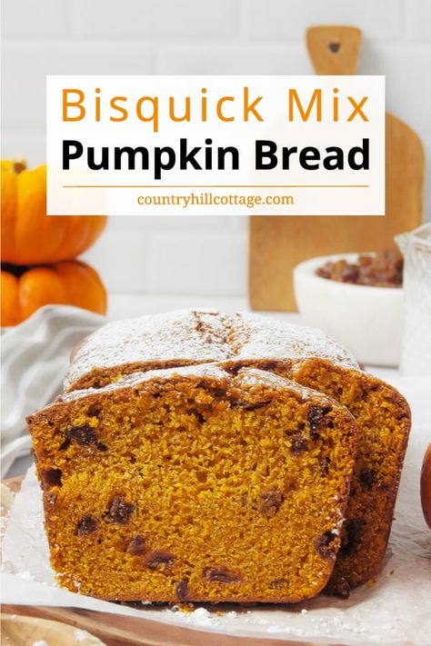 This Bisquick pumpkin bread is easy to make from scratch and so delicious, soft and moist! Made with canned pumpkin puree, warming cinnamon, and studded with raisins, the vintage recipe requires only 7 ingredients, mixed in one bowl, and is ready in about 1 hour. You can prepare this easy pumpkin bread with pancake mix ahead of time and freeze it for later. The easiest pumpkin bread you’ve ever had, perfect for your fall occasion and the holidays! | CountryHillCottage.com Bisquick Pumpkin Pie Recipe, Pumpkin Pie Filling Recipe Easy, Pancake Mix Pumpkin Bread, Bisquick Pumpkin Bread, Easy Pumpkin Pancakes With Bisquick, Pumpkin Pancakes Bisquick, Bread Crockpot, Bisquick Pumpkin Coffee Cake, Pancake Mix Uses