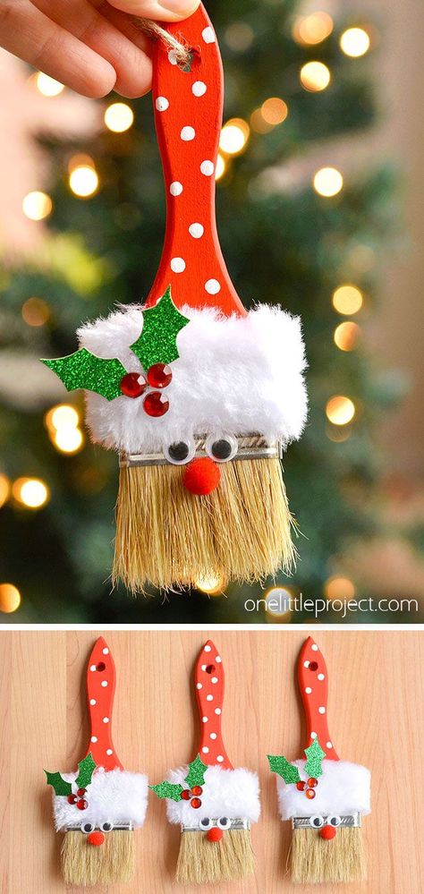 Decorate your Christmas tree with this adorable DIY paint brush Santa! These Santa Claus ornaments made from a paintbrush are really cute and super easy to make. It's such a fun Christmas craft for kids and a great holiday craft for tweens, teens, adults, and seniors. Craft Christmas Gifts For Kids, Christmas Ornaments Diy Paint Brush, Christmas Paintbrush Crafts, Kids Christmas Tree Ornaments Diy, Ornaments For Outside Trees, Kid Christmas Crafts Ornaments, Paint Brush Santa Craft, Christmas Ornaments Made By Kids, Xmas Tree Ornaments Diy Craft Ideas