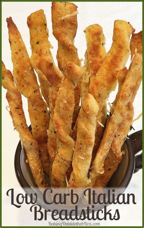 These Low Carb Italian Breadsticks are a satisfying savory treat. The recipe bakes up in about 30 minutes. They are crusty, chewy and flavorful. These breadsticks are a low carb bargain at just under 1 net carb each. #lowcarb #ketobread #italianbreadsticks #lowcarbbread #bakingoutsidethebox.com Italian Breadsticks, Low Carb Italian, Italian Bread Sticks, Low Carb Low Fat Recipes, Bread Sticks, Low Carb Chicken Recipes, Low Carb Sauces, Low Carb Low Sugar, Best Low Carb Recipes