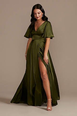 Olive Green Bridesmaid Dresses, Envelope Skirt, Davids Bridal Bridesmaid, Martini Olive, Orange Bridesmaid Dresses, Kebaya Dress, Charmeuse Fabric, Bridesmaid Dresses With Sleeves, Plus Size Bridesmaid