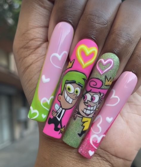 Fairly Odd Parents Nail Art, Cosmo And Wanda Nails, Acrylic Nail Designs Classy, Funky Nail Designs, Fairly Oddparents, Super Cute Nails, Long Acrylic Nail Designs, Anime Nails, Exotic Nails