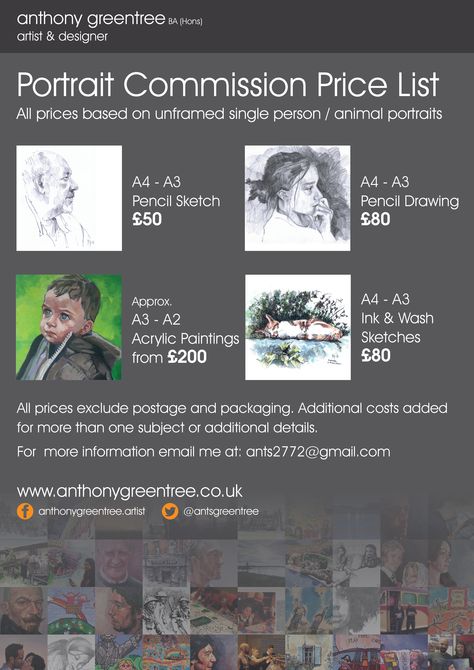 Portrait Commission Prices. Here is a rough guide to the sort of prices I charge. If you are after a commission of some sort for Christmas, then now is the time to get your order in. Prices based on unframed single person / animal portraits: A4 - A3 Pencil Sketch - £50 A4 - A3 Pencil Drawing - £80 Approx. A3 - A2 Acrylic Paintings from £200 A4 - A3 Ink & Wash Sketches - £80 All prices exclude postage and packaging For more information email me at: ants2772@gmail.com Art Commission Sheet Template, Artist Commission Sheet, Commission Layout, Commission Sheet Reference, Commission Sheet, Sketch Commission, Commission Prices, Drawing Commissions, Daily Sketch