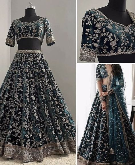 Dark Blue Velvet Lehenga, Desi Lehenga, Wedding Dresses Garden, Lengha Dress, Wedding Dresses Fit, Navy Blue Lehenga, Fashionable Saree, Desi Fits, Simple Lehenga