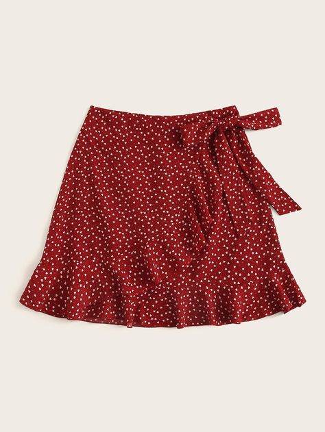 Cheap Summer Mini Skirt With Ruffles, Cute Ruffled Skort For Summer, Shein Wrap Skirt, Red Ruffled Mini Skirt For Summer, Flowy Ruffled Red Mini Skirt, Pleated Chiffon Skirt, Overlay Skirt, Printed Pleated Skirt, Dot Skirt