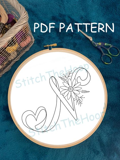 IMPORTANT NOTICE: you are purchasing a Digital PDF Pattern. You will NOT receive a physical item! This is embroidery pattern for floral letter "N" ideal size for 8" hoop and it is easily scalable at any size that you need. This is NOT a full pattern! It's just a TEMPLATE. The digital PDF file will be sent to you in Etsy shortly after your purchase, at which point you can print and transfer the design on to your fabric and embroider with the thread colors and stitches of your choice! (NO COLOR GU Name Embroidery Ideas Letters, Floral Embroidery Patterns Templates, Embroidery Flowers Pattern Templates, Hand Embroidery Patterns Free Printable, Embroidery Patterns Free Templates, Alphabet N, Hand Embroidery Patterns Free, Cute Easy Doodles, Floral Alphabet