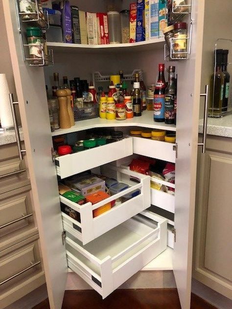 inaDRAWER® | corner pantry after open drawers - inaDRAWER® Kitchen Lazy Susan Ideas, Corner Pantry Ideas, Kitchen Lazy Susan, Kitchen Pantry Cupboard, Kitchen 2020, Pantry Drawers, Corner Pantry, Pantry Remodel, Pantry Cupboard