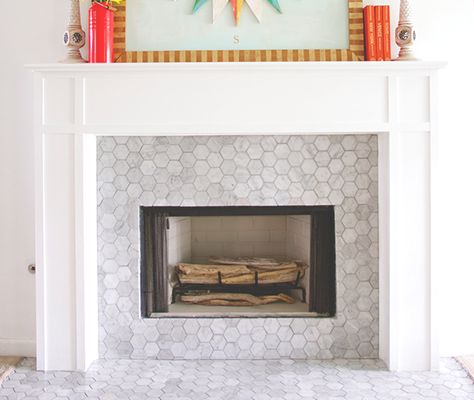 Carrara Bianco 3" Hexagon Fireplace Fireplace Design Ideas Tile, Fireplace Surround Tile Ideas, Hexagon Tile Fireplace Surround, Neutral Fireplace Tile, Fireplace Tile Design, Mosaic Tile Fireplace Surround, Hearth Tile Ideas Fire Places, Wood Burning Fireplace Surround, Tiles Around Fireplace