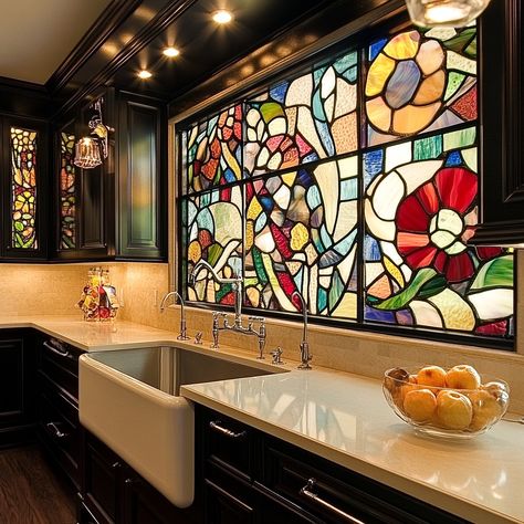 A stained glass kitchen is a vibrant and artistic space where functionality meets timeless beauty. The cabinets and windows are adorned with intricate stained glass panels that catch the light, casting colorful reflections throughout the room. Each piece of stained glass is carefully crafted, featuring patterns inspired by nature, geometric designs, or abstract art, creating a unique and personalized aesthetic. The interplay of light through the glass transforms the kitchen into a dynamic env... Stained Glass Kitchen Window, Stained Glass In Kitchen, Glass In Kitchen, Stained Glass Kitchen, Artistic Space, Stained Glass Panels, Glass Kitchen, Kitchen Window, Inspired By Nature