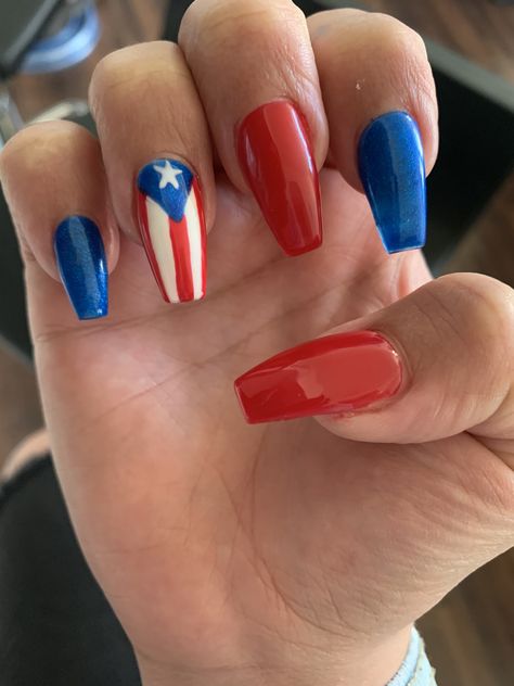 Barbie Themed Acrylic Nails, Vacation Nails Beach Puerto Rico, Puerto Rico Nails Ideas, Puerto Rican Nails Designs, Dominican Republic Nail Designs, Puerto Rico Inspired Nails, Puerto Rican Flag Nails, Nails For Puerto Rico Trip, Puerto Rican Makeup