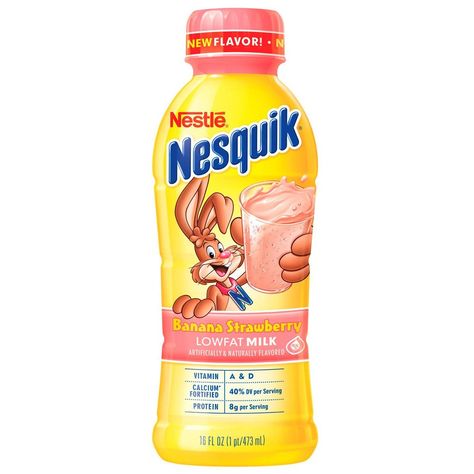 nesquick banana strawberry milk drink Strawberry Milk Nesquik, Strawberry Milk Drink, Strawberry Nesquik, Blueberry Milkshake, Pina Colada Smoothie, American Snacks, Container Ideas, Calcium Vitamins, Kid Drinks